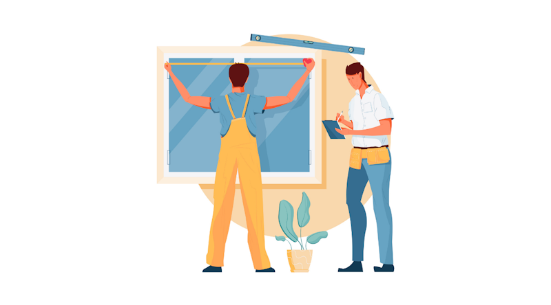Illustration of two people measuring one length of a window. Illustration from Canva.