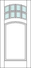 Straight top custom wood door design with an arched glass section at the top 1/4 of the door panel