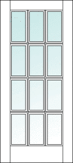Straight top custom wood door with glass center. Equally spaced divided glass is arranged in three columns and four rows.