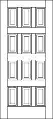 Straight top custom wood door with equally spaced dimensional wood rectangle cuts in 3 columns and 4 rows