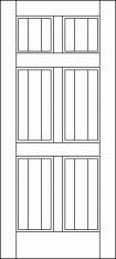 Straight top custom wood door with divided panel, 4 equal shaped rectangles and 2 more square-like shapes at the top