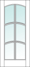 Straight top custom wood door with arch top divided glass center, each section of glass is arch-shaped