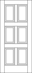 Straight top custom wood door with 3 rows and 2 columns of equally spaced wide vertically proportioned rectangles