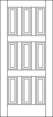 Straight top custom door design with 3 rows and 3 columns of vertically proportioned rectangular beveled cuts in the wood