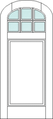 Arch top custom wood door design with rounded corners. Top portion of door has glass with grids following same shape of door