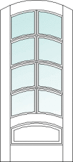 Arch top custom wood door design with glass center, glass has two column grids that follow an arch shape