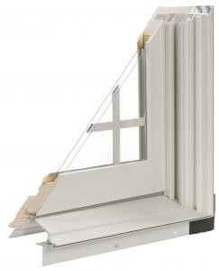 Corner cut of a white vinyl framed window with double pane glass and divided lites. 