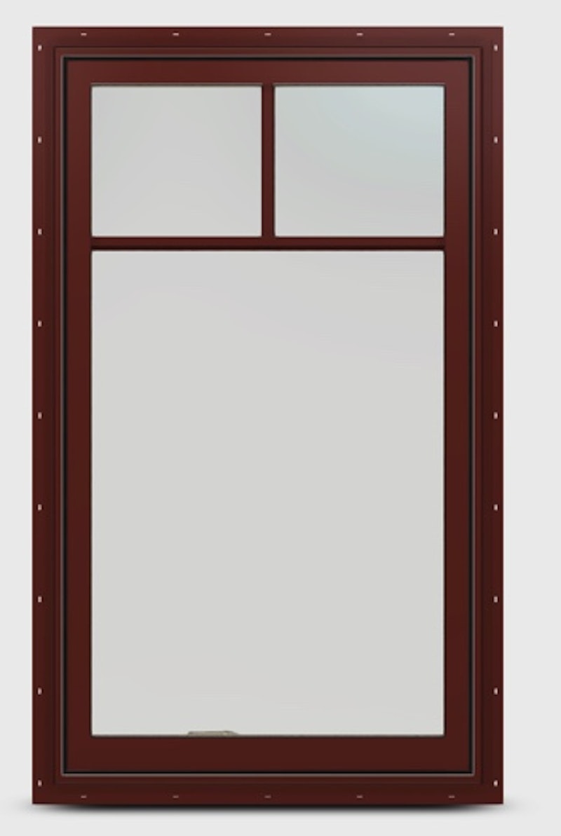 Exterior view of an EpicVue wood casement window featuring a top down grille in mesa red. 
