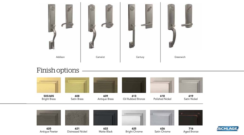 Example of door handles and finish options. Composite image from Schlage source.